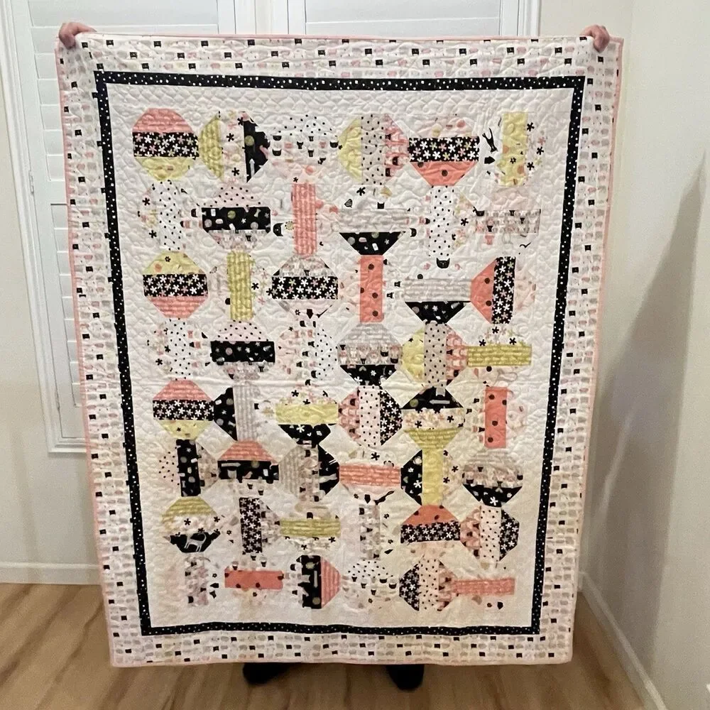 Handmade Cats and Camper Trailers Patchwork Quilt Blanket Pink